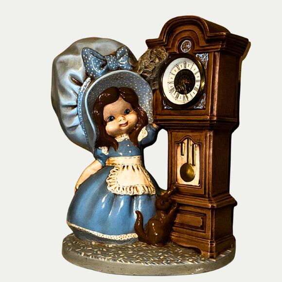 Vintage 1971 Byron Mold Girl with Grandfather Clock Figurine, Blue Bonnet Decor - Picture 4 of 13